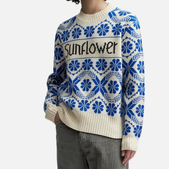 Hello Sunflower Fairisle Knit Blue Cream Marino Wool Blend Sweater Size Medium - Picture 1 of 13